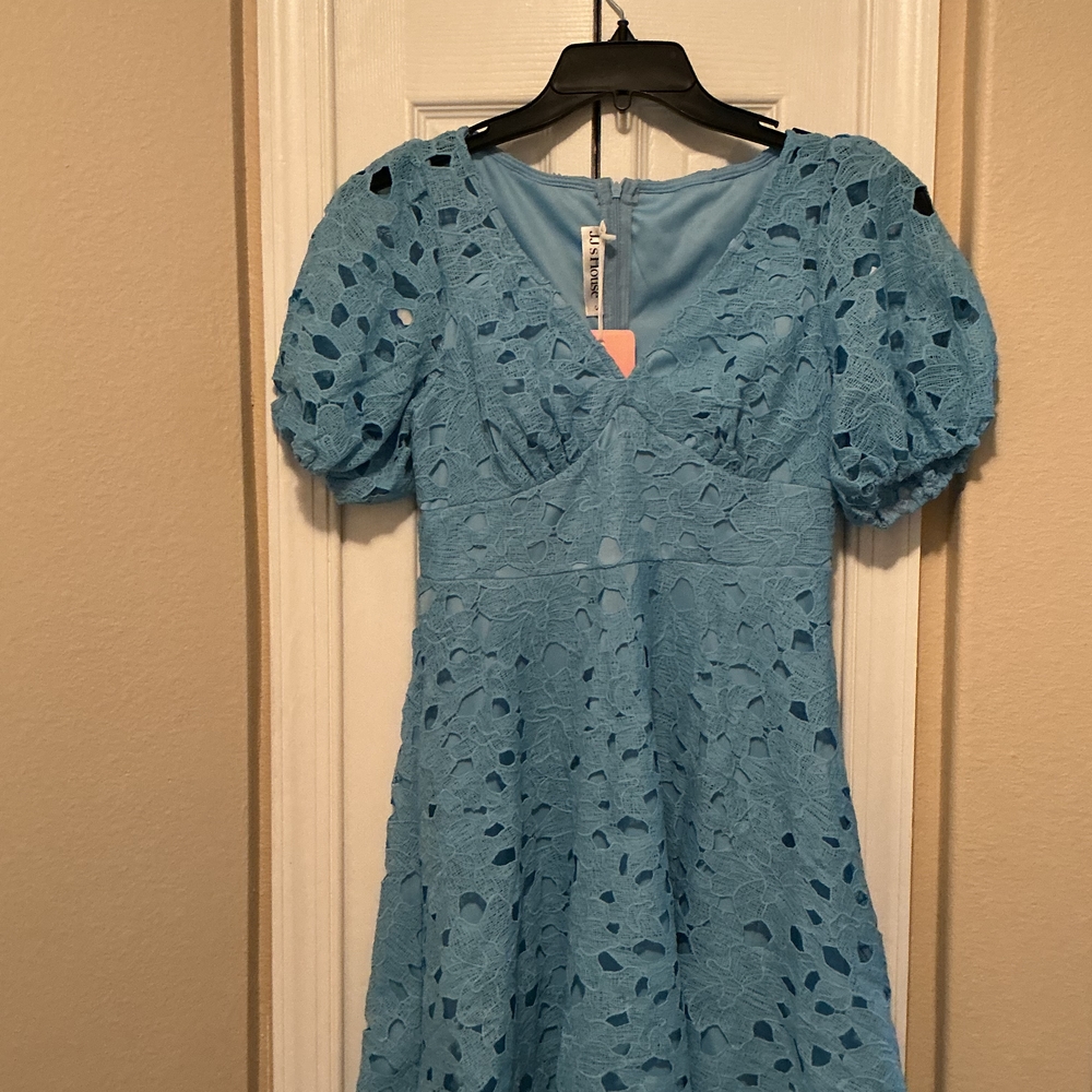 Blue Ruffled Midi Sundress with Puff Sleeves - Picture 5 of 5